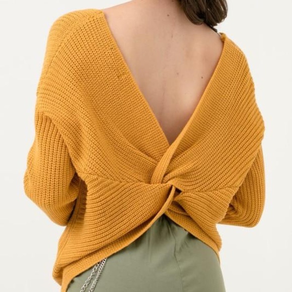 Love Tree Sweaters - Mustard V-Neck Twisted Back Oversized Sweater